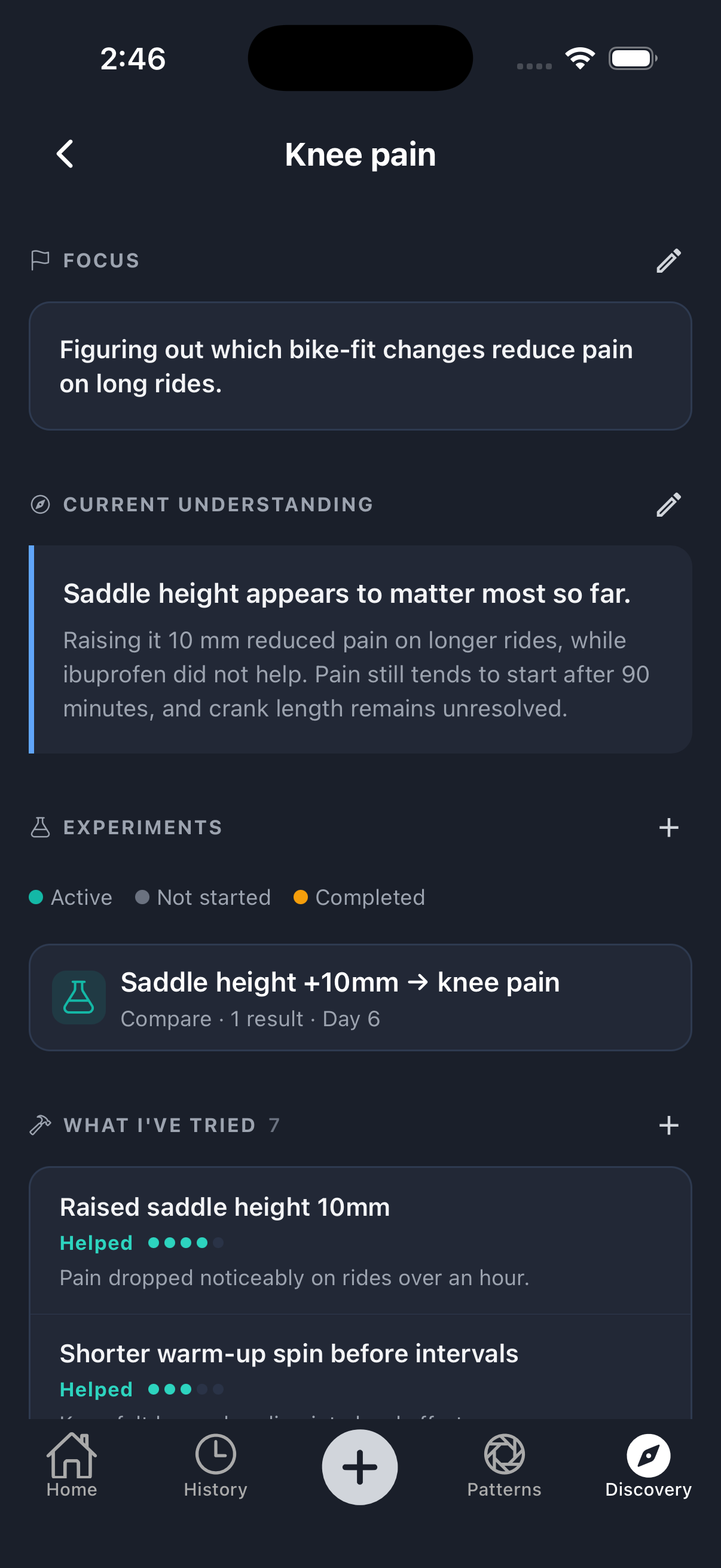 Enphana experiment overview for improving knee pain on long bike rides.