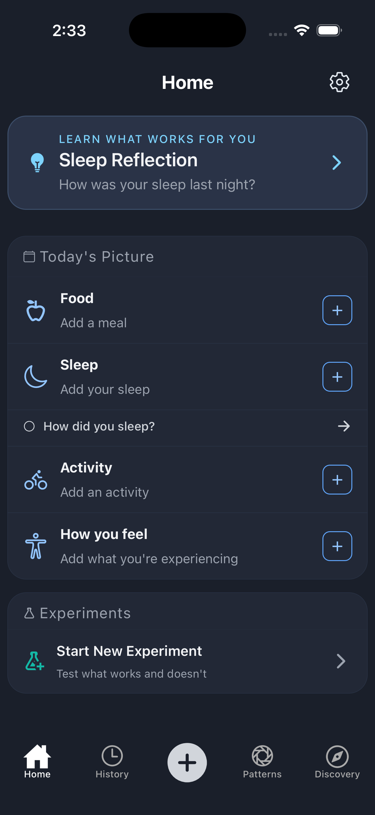 Enphana home screen for logging food, sleep, activity, and how you feel.